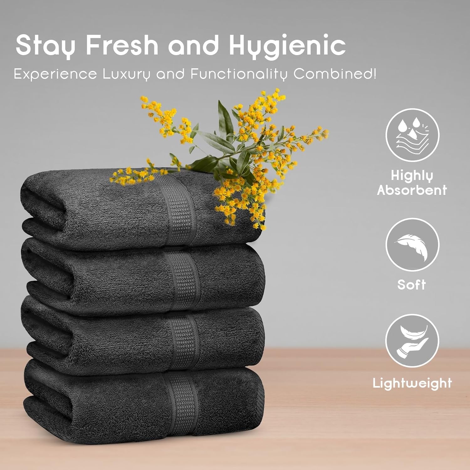 Premium 100% Cotton Bath Towels Set of 4, Large, Ultra-Soft, Highly Absorbent, Quick-Dry, Durable, Comfortable, Ideal for Home and Bathroom - Grey
