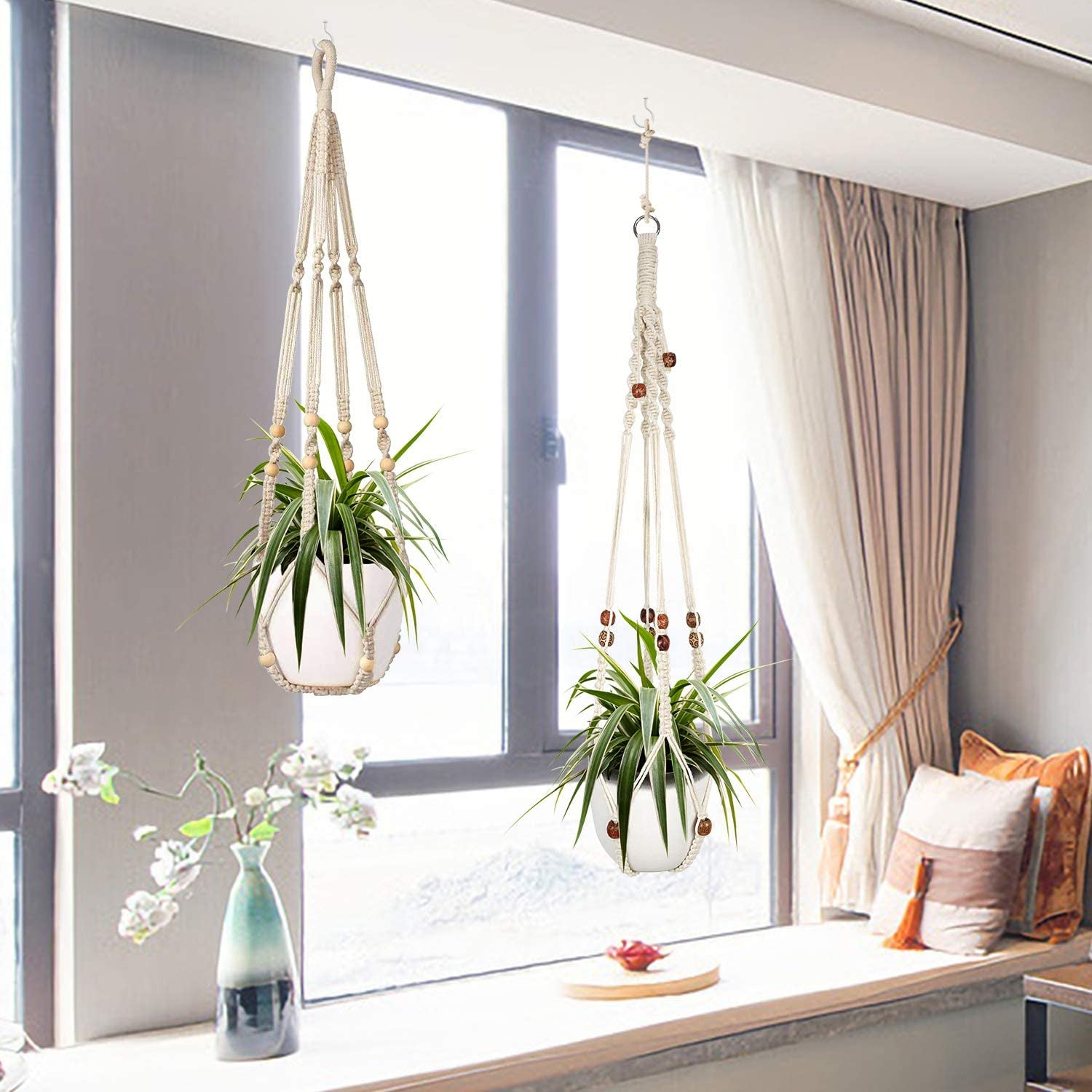 Macrame Plant Hanger Set - 2 Decorative Indoor Planters for Home Decor