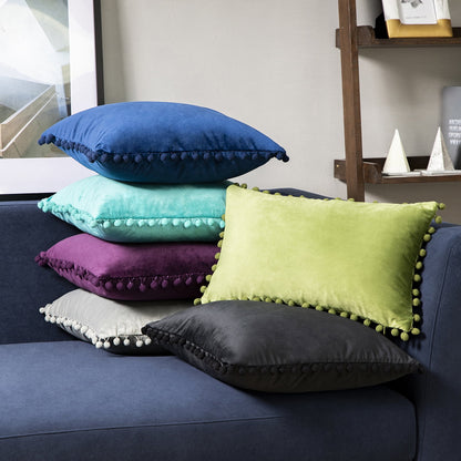 Throw Pillow with Insert，Silky Velvet Series Pom Pom Decorative Pillow, 12" X 20", Gray, 2 Pack