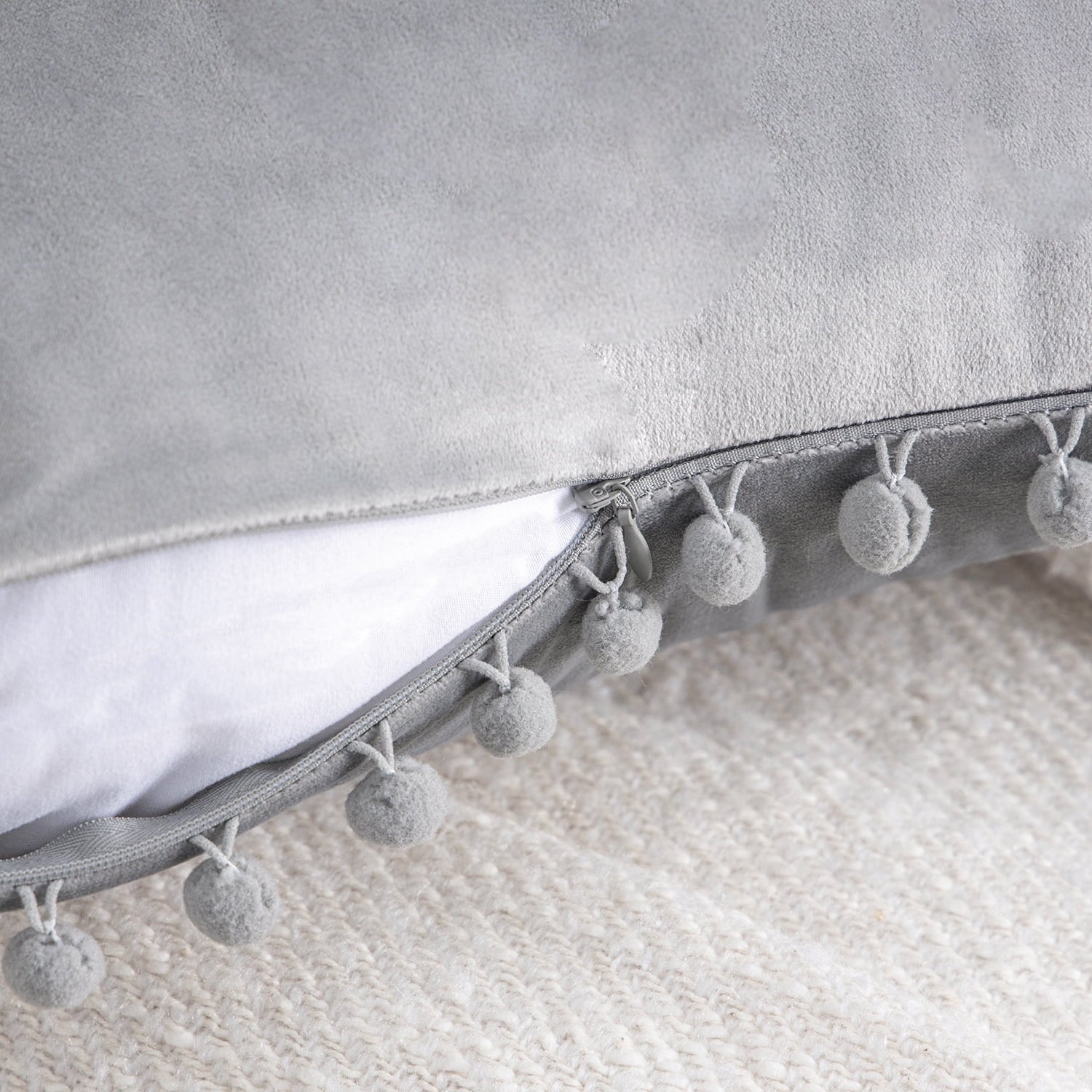 Throw Pillow with Insert，Silky Velvet Series Pom Pom Decorative Pillow, 12" X 20", Gray, 2 Pack