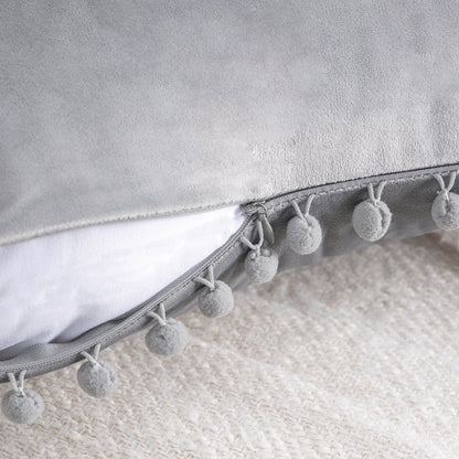 Throw Pillow with Insert，Silky Velvet Series Pom Pom Decorative Pillow, 12" X 20", Gray, 2 Pack
