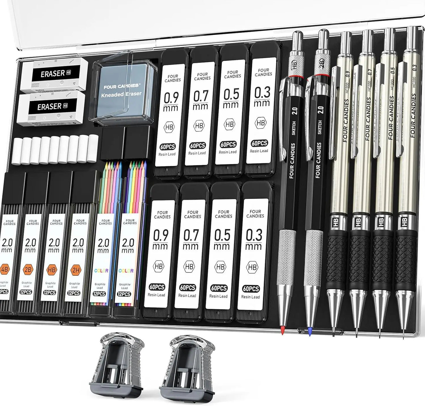 Four Candies 25PCS Art Mechanical Pencil Set with Case, 3PCS Metal Artist Lead Drafting Pencils 0.5, 0.7, 0.9 Mm & 3PCS 2Mm Holder (HB 2H 2B 4B Color) with 432PCS Graphite Lead Refills for Drawing Sketching Office School Supplies,Tiktokshopspringglowup