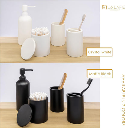 Matte Black 4-Piece Bathroom Accessory Set with Toothbrush Holder, Soap Dispenser, Tumbler, and Cotton Swab Jar - Elegant Vanity Countertop Organizer and Decor