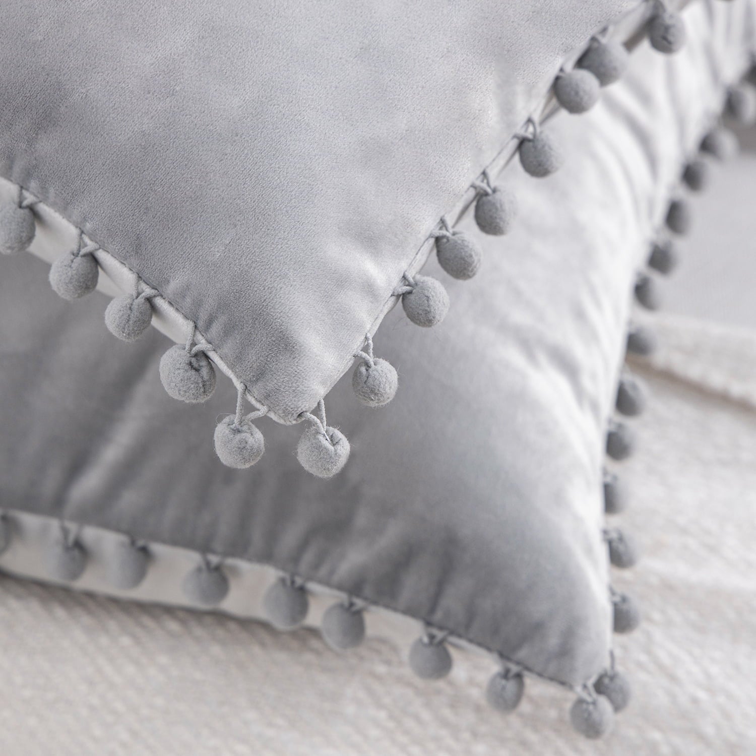 Throw Pillow with Insert，Silky Velvet Series Pom Pom Decorative Pillow, 12" X 20", Gray, 2 Pack