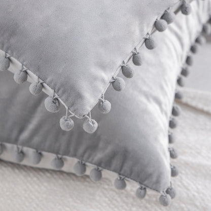 Throw Pillow with Insert，Silky Velvet Series Pom Pom Decorative Pillow, 12" X 20", Gray, 2 Pack