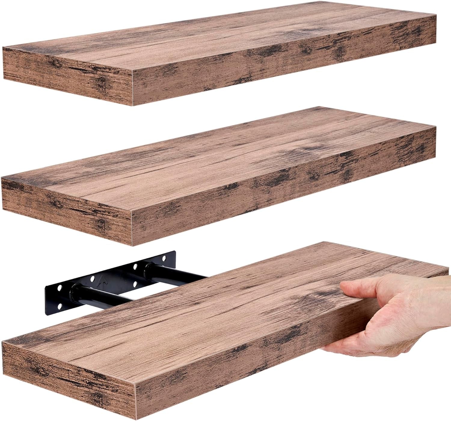 Floating Shelves for Wall – 16 Inch Floating Shelf for Kitchen, Bedroom, Living Room, Bathroom, Home & Wall Decor - Mounted Bathroom Shelves with Invisible Brackets (Mahogany, 3 Pack)