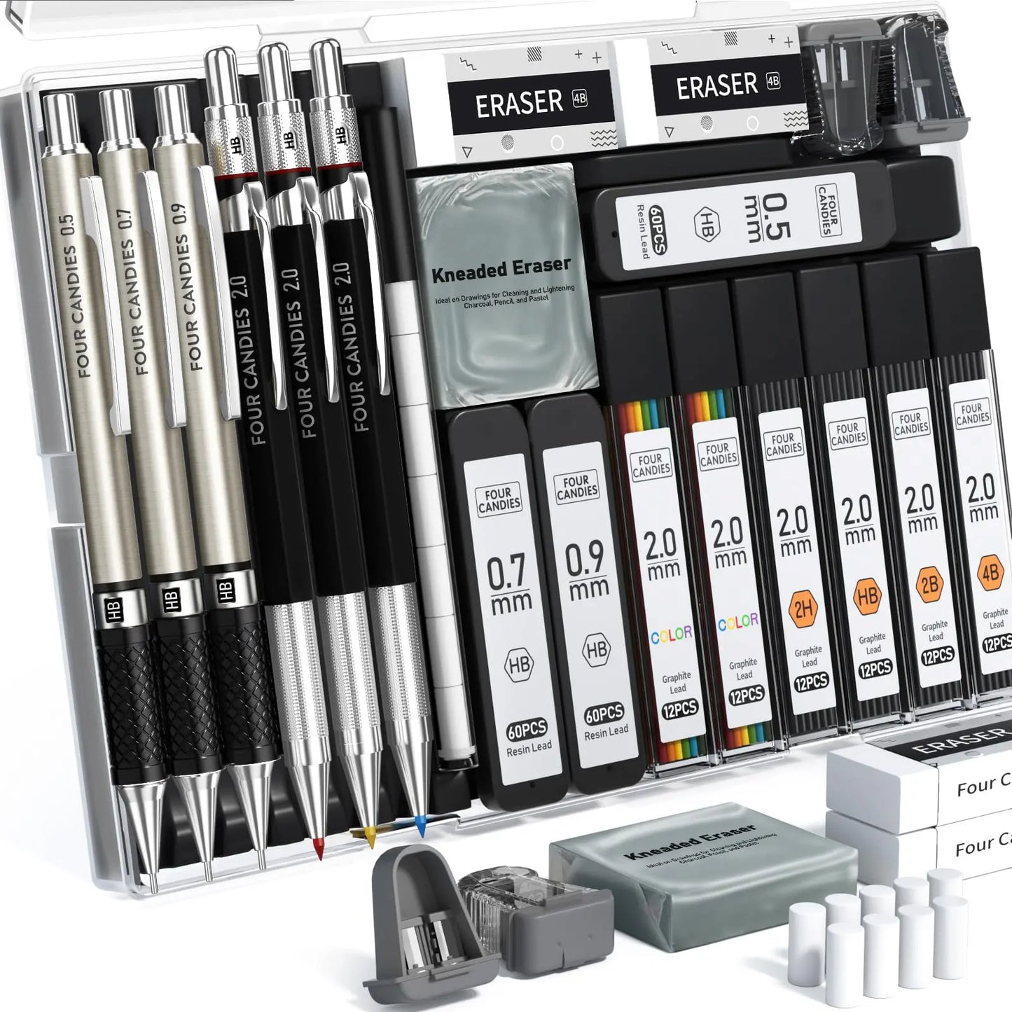 Four Candies 25PCS Art Mechanical Pencil Set with Case, 3PCS Metal Artist Lead Drafting Pencils 0.5, 0.7, 0.9 Mm & 3PCS 2Mm Holder (HB 2H 2B 4B Color) with 432PCS Graphite Lead Refills for Drawing Sketching Office School Supplies,Tiktokshopspringglowup