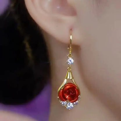 Rose Drop Earrings 14K Gold Plated Sparkling Crystal Tassel Design, Chic Elegant Fashion Jewelry Water Drop Earrings for Women 2025 DZEH4322